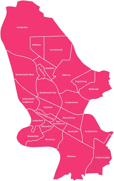 Karte der Mannheimer Stadtteile, die ASM betreut